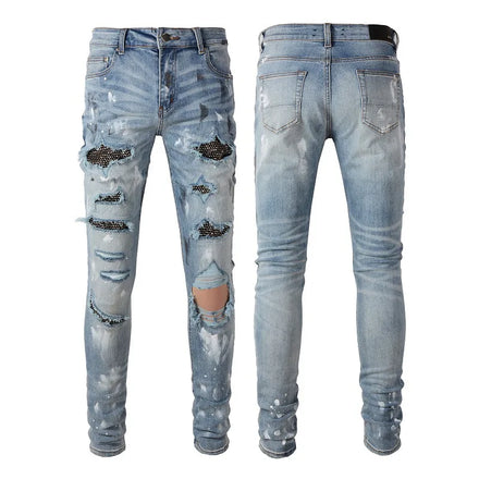 Blue Hole Pasted Cloth High Quality Men's High Street Skinny Jeans Breathable Eco-Friendly 100% Cotton