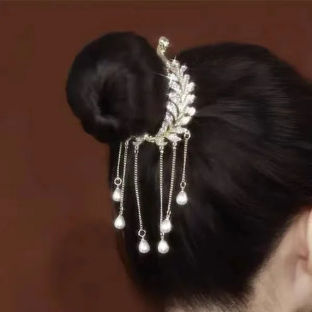 Tassel Ponytail Hair Clip for Women Rhinestone Pearl Hair Styling Claws Hair Holder Large Glittering Pins Accessory