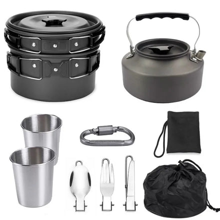 Factory Whole Camping Pot Set with Coffee Kettle and Fly Pan 304 Stainless Steel Water Glass for Survival Cooking