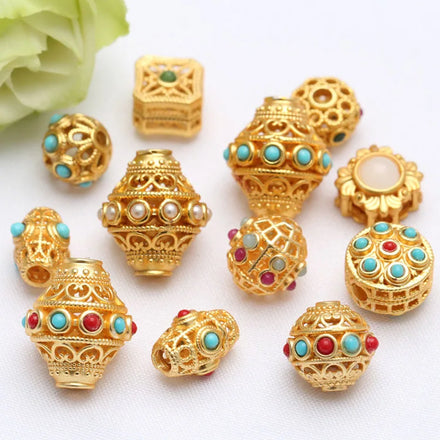 JF8747 Matte Gold Plated Pave Stone Nepal Nepalese Style Brass Bicone Spacer Beads Tibetan Ethnic Tribal Beads