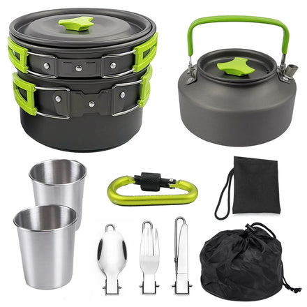 JSJM Hot Sale 2-3 People Outdoor Camping Saute Pans Teapot Set Stainless Steel Cover 1-2L Capacity Folding Aluminum Alloy Gas