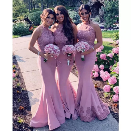 Halter Lace Appliqued Beaded Wedding Guest Dress Robes Maid of Honor Gowns Mermaid Bridesmaid Dresses MB83