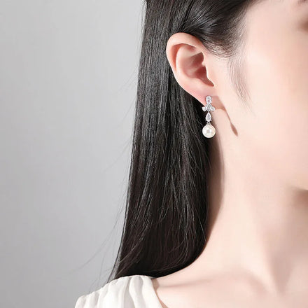 SLBRIDAL Ins Style Fashion CZ Crystal Pearls Girls Drop Earrings Trendy Cubic Zircon Women Earrings Bridal Wedding Drop Earrings