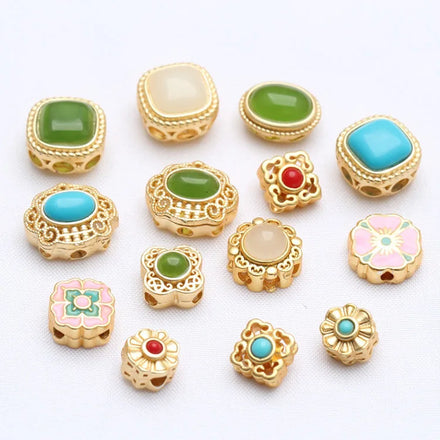 JF8748 Matte Gold Plated Pave Stone Nepal Nepalese Style Round Oval Square Spacer Beads Tibetan Ethnic Tribal Beads