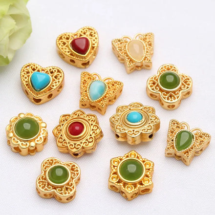 JF8746 Matte Gold Plated Pave Stone Nepal Nepalese Style Brass Butterfly Heart Flower Beads Tibetan Ethnic Tribal Beads