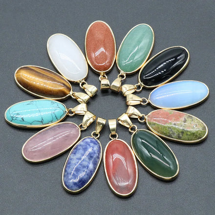 Long Oval Rimmed Pendant Necklace Natural Agate Healing Crystal Semi - Gemstone Gold Rimmed Egg Necklace for Party Gift