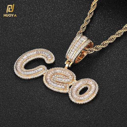 Nuoya Hip Hop Jewelry Personalized Custom Name Necklace Iced Out Baguette Diamond Initial Letter Pendant for Women Gift