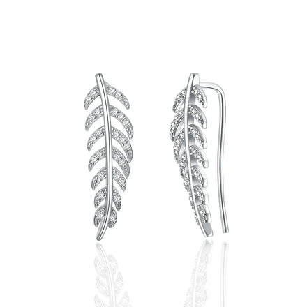Dainty Silver Feather Ear Cuffs & Climber Earrings Best Sellers Pair of Leaf S925 Sterling Silver Diamond Drop Earrings