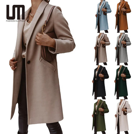 Liu Ming Autumn Winter Fashion Women Long Sleeve Button Outwear Overcoats Woolen Long Coats