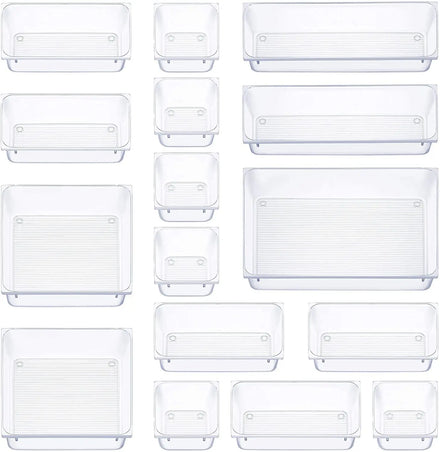 Hot-Selling 16-Piece Drawer Organizer Tray Set 5 Different Sizes Plastic Makeup Office Desk Organizers Popular for Bathroom Use