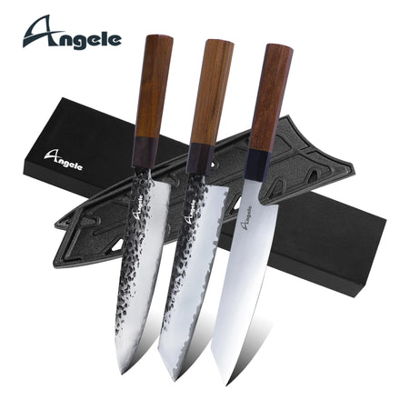 Japanese Knife Set in AUS-10 Steel Gyuto Chef Knife with Wood Handle 60 Rockwell Hardness Ambidextrous High-Polish Finish
