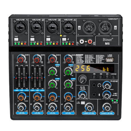 Biner M6 Professional Built-in 256 Effects Reverb 6 Channel Digital USB Sound Audio Mixer for Stage Performance