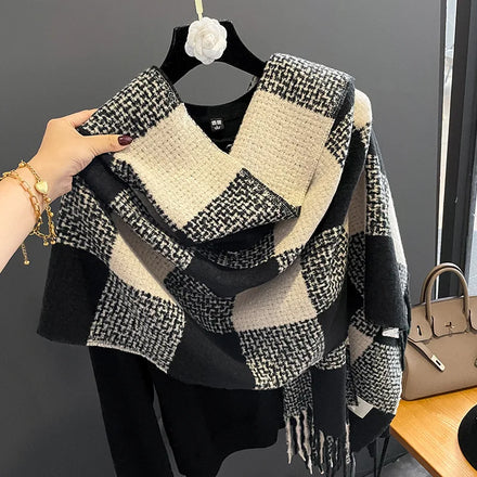 Korean Style Black Beige Checkered Winter Scarf for the Couple Korea Muffler Scarves Long Large Tassels Cashmere Scarf for Women