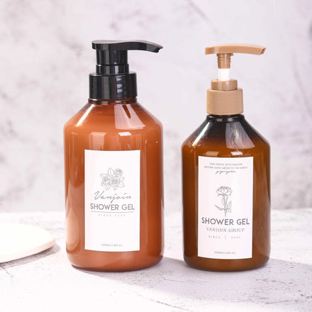 Eco-safe Plastic PET PCR Packaging Bottle 8 16 oz 250 300 400 500 ml Amber Color Shampoo Bottle with Black Pump Custom Labels