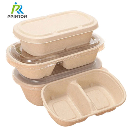 100% Compostable Take Out Food Containers with Lids Eco-friendly Disposable Food Containers with 2 Compartment Bagasse Lunch Box