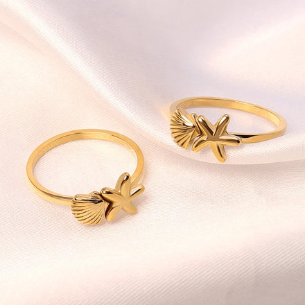 Ocean Design Jewelry Sea Star Ring Stainless Steel Waterproof Shell Ring Gift Daily Wear 18K Gold Plated Starfish Shape Ring