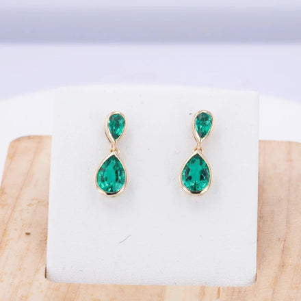 Custom Fine Jewelry Pear Shape Lab Grown Emerald Columbia Green Color 10K Yellow Gold Earrings