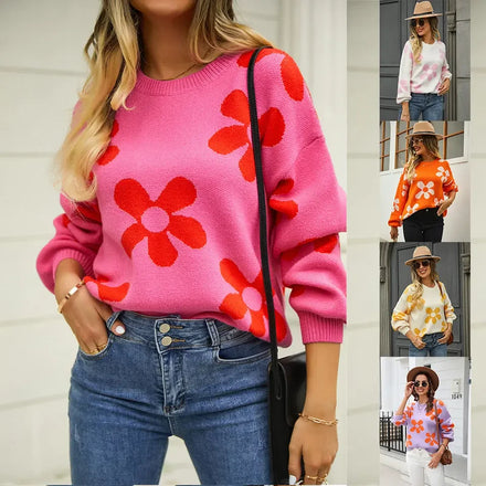 New Ladies Long Sleeve Christmas Pink Flower Ladies Pullover Top Floral Pattern Women Winter Warm Knit Sweaters