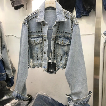 2023 Best Sellers Women's Bike Jacket Slim Fit Diamond Rivet Long Sleeve Tear Cut Denim Coat Top Women's Street Jacket