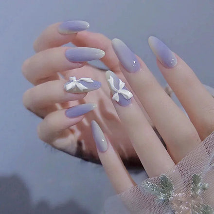 Wholesale Custom Elegant Blue Gradient Bow Tie Press-on False Nails ABS Material Fingernails Elegant and Durable
