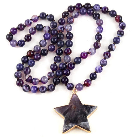 Fashion Statement Long Knot 8mm Jewelry Tiger Eye Purple Gemstone Necklace Natural Stone Star Pendant Necklace