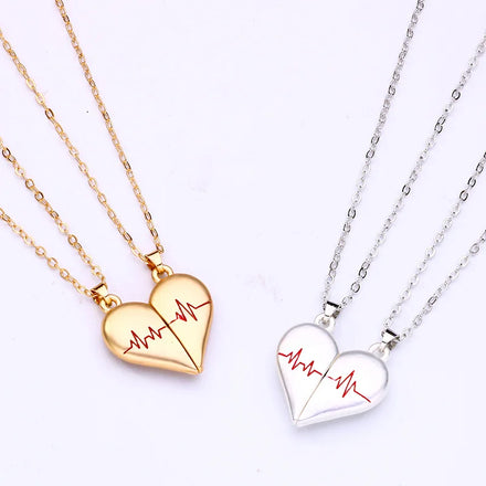 2Pcs/set Fashion Half Heart Two Halves Pendant 18k Gold Plated Heartbeat Magnetic Heart Necklace for Women Wholesale