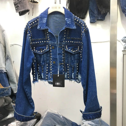 2023 New Design Women's Denim Jacket Women's Dress Slim Diamond Riveted Long Sleeve Split Jeans Top Street Wear
