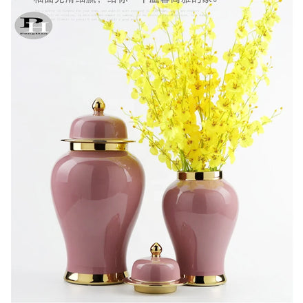 Contemporary Transparent Pink Gold Luxury Porcelain Jars with Lids High-Temperature Resistant Customizable Home Decorative Vases