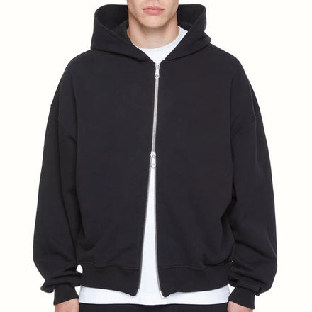 Men's 100% Cotton Solid Custom Logo Drop Shoulder Hoodies Double Zip-up Hooded Sweatshirt Regular Fit Pullover Autumn