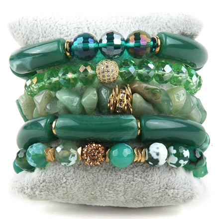 Fashion Boho 5pcs Jewelry Crystal Glass Natural Stone Acrylic Pipe Chip Shell Bracelet Purple Facet Charm Stack Bracelet Set