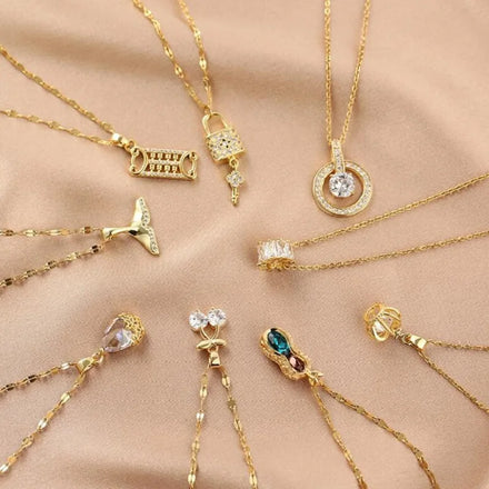 Gold Plated Charm Pendant Titanium Stainless Steel Delicate Diamond Fishtail Key Peanut Crown Drops Necklace Jewelry for Women