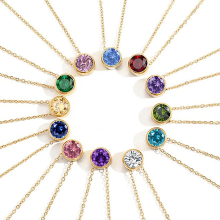 Exquisite Colorful Round Zircon Charm Necklace Stainless Steel 12 Months Birthstone Necklace for Christmas Gift