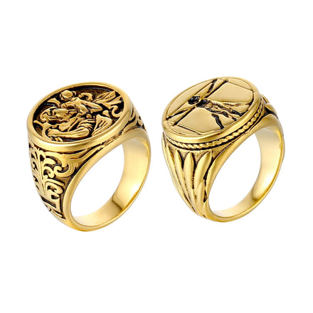 Non Tarnish Saint Christopher Ring Stainless Steel Catholic Jewelry Women Men 18K Gold Plated Vitruvian Signet Ring