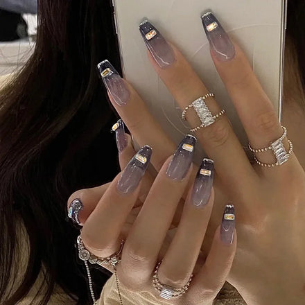Wholesale Elegant Purple Detachable and Removable Acrylic Nails Coffin Press on Nails With Decorations