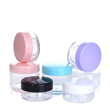 Round Cosmetic Plastic PS Jar 3g 5g 10g 20g Custom Small Size Transparent Cream Skincare Packaging With Blue Pink Purple Lids