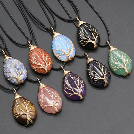 Hot Selling Natural Healing Crystal Waterdrop Shape Agate Semi-Gem Tree of Life Winding Pendant Necklace for Yoga Jewelry