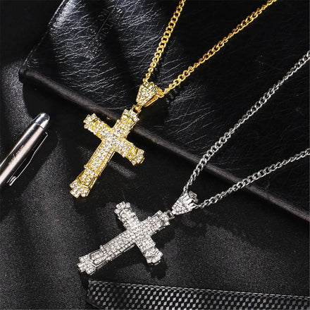 Men's Religious Christian Iced Out Cross Pendant Necklace Zinc Alloy Strand Chain Trendy Jewelry