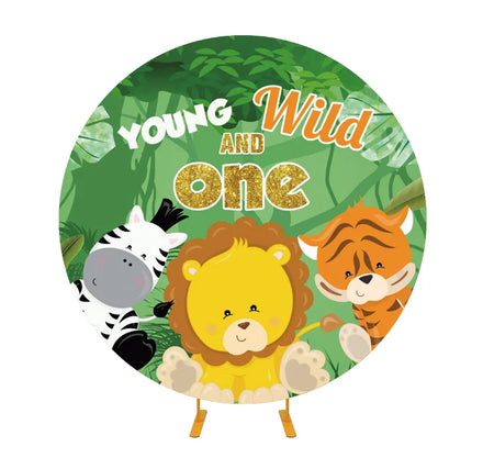 Jungle Safari Animal Round Circle Backdrop Gold Stand Set Tension Fabric Backdrop Circle Backdrop Stand for Baby Shower Parties