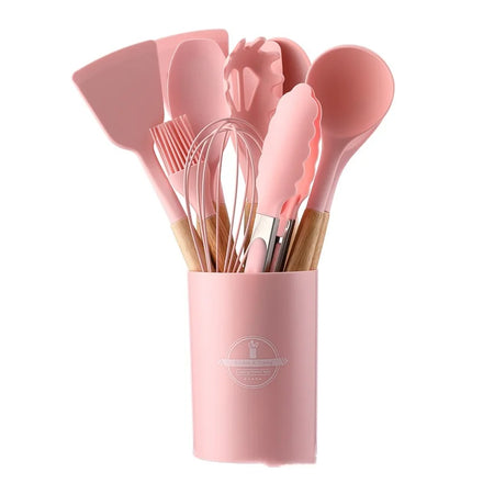 Factory Price Colorful 12 Piece Kitchen Tool Scoop Set Stainless Steel Silicone Utensils Home Kitchen Wood Handle Cooking Set