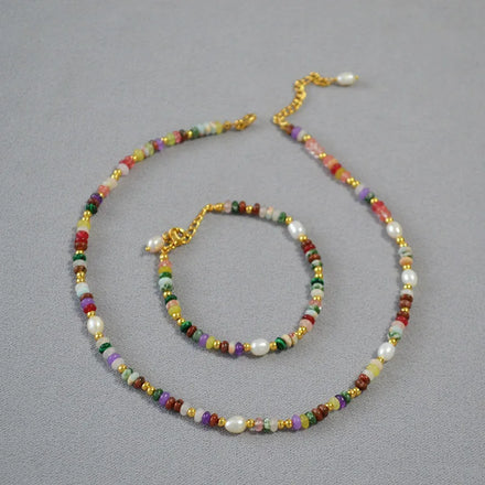 Wholesale Simple Brass Natural Stone Pearl Beaded Bracelet Necklace Set Bohemia Style Beaded Jewelry Set for Lady Gift