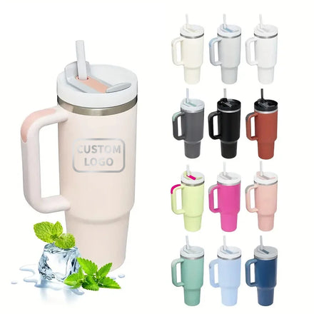 Custom Logo Double Walled Insulated Vacuum Stainless Steel 40Oz Tumbler With Straw Handle and Lid