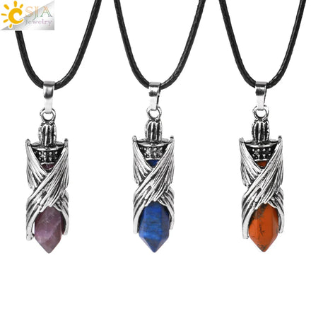 CSJA Cheap Angel Wings Healing Chakra Crystal Scalar Energy Natural Amethyst Hexagonal Point Stone Pendant Necklaces H113