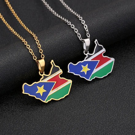 Enameled South Sudan Map Chain Necklaces Stainless Steel 18K Gold Plated Enamel South Sudan National Flag Map Pendant Necklace