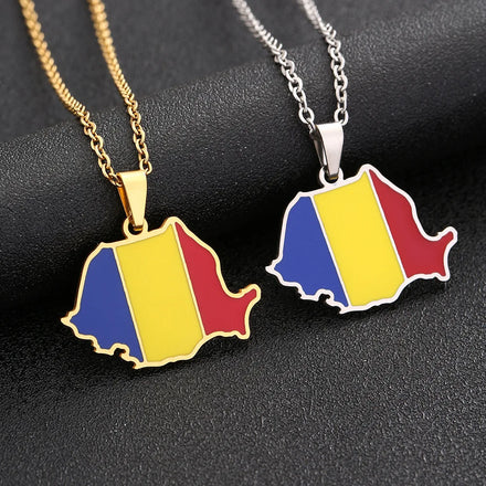 Enameled Romania City Map Chain Necklaces Stainless Steel 18K Gold Plated Enamel Romania National Flag Map Pendant Necklace
