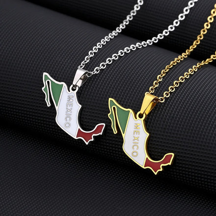 18K Gold Plated Stainless Steel Link Chain Necklace Enameled Mexico National Flag and Map Pendant Mexico Style