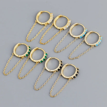 Women Elegant Crystal Hoops Jewelry 18K Gold Plate Sterling Silver Long Link Chain Colorful Zircon Earrings
