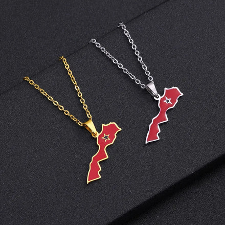 Enameled Morocco Map Chain Necklaces Stainless Steel 18K Gold Plated Enamel Morocco National Flag Map Pendant Necklace