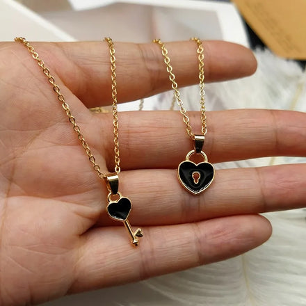 2 Pcs/Sets Fashion Statement Couple Necklace for Women Key Lock Pendant Link Chain Fashion Jewelry Heart Necklace