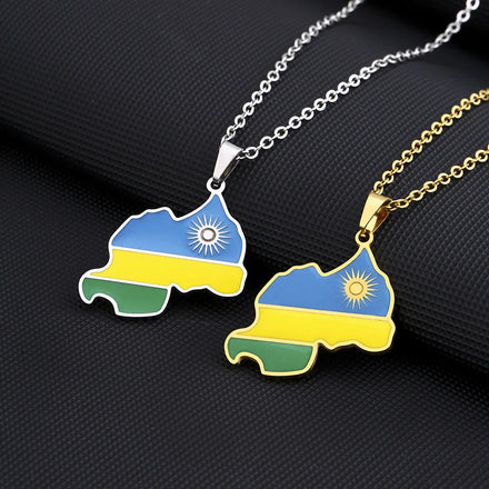 Enameled Rwanda Map Chain Necklaces Stainless Steel 18K Gold Plated Enamel Rwanda National Flag Map Pendant Necklace