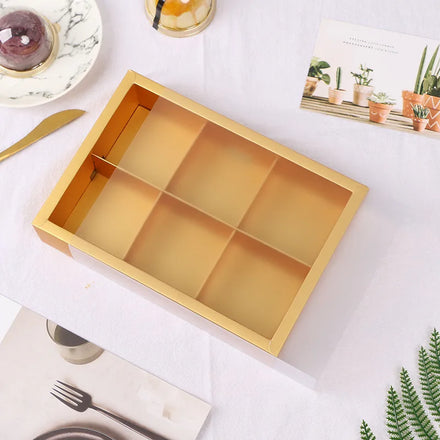 Custom Take Away 6 Partitioned Pink Paper Boxes Chocolate Pastry Bakery Gold Drawer Packing Box with the Transparent Top